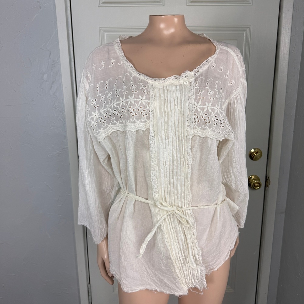 Magnolia Pearl Shirt One size Cotton Silk Blend Crinkle Eyelet Pintuck Boho Z3-8